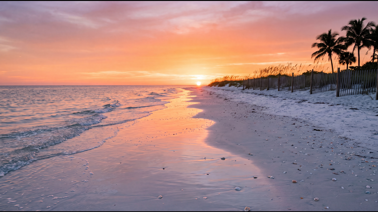 Pristine white sand beach at sunset — gentle waves, pastel sky, silhouetted palms on dune line