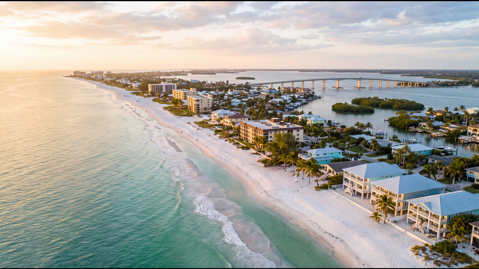 Fort Myers Beach barrier island from above — post-Ian rebuild and active vacation rental investment market
