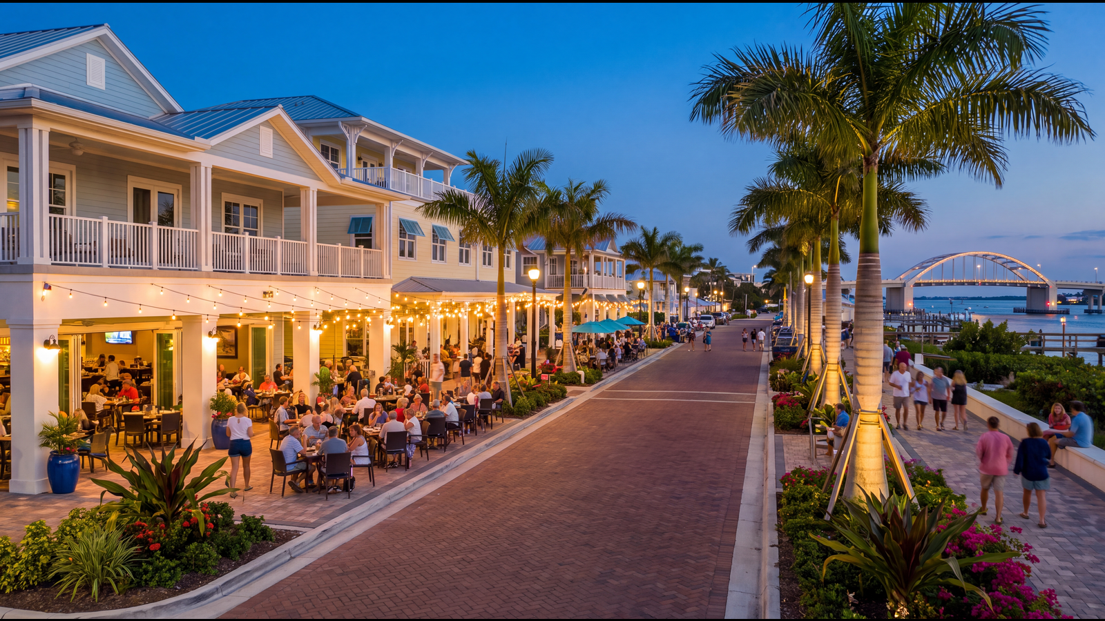 Rebuilt Old San Carlos Boulevard dining district on Fort Myers Beach — new elevated coastal buildings, string-lit patio dining, Matanzas Pass bridge beyond