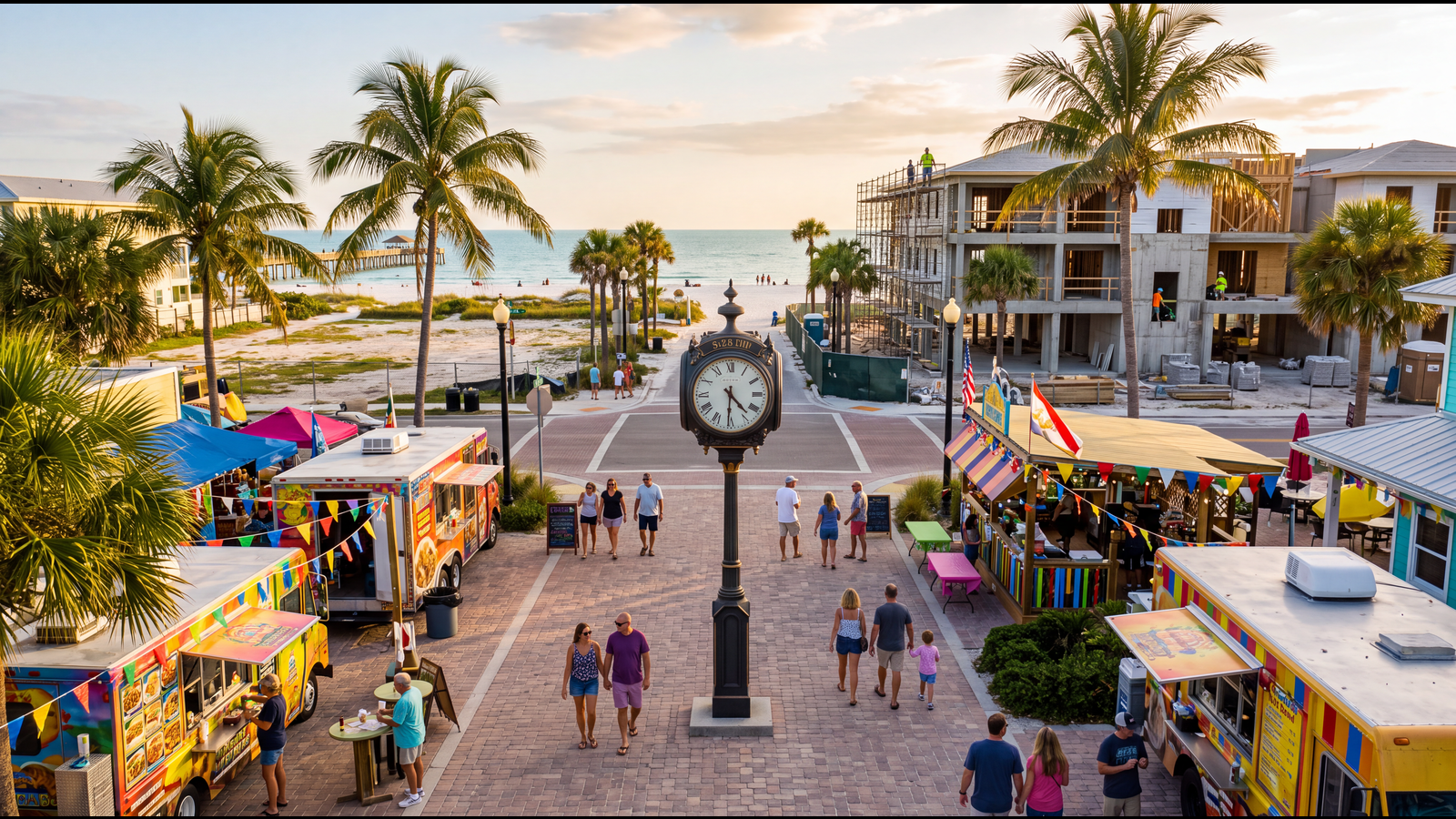 Times Square on Fort Myers Beach — restored street clock, food trucks and new elevated construction rising one block from the Gulf
