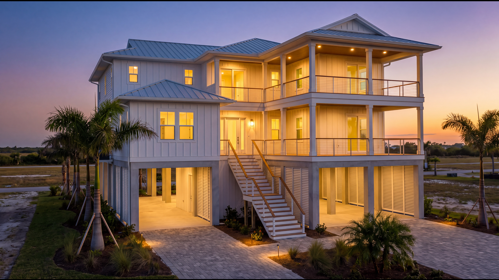 Luxury modern coastal home at dusk — clean white exterior with navy trim, professional landscaping, warm interior glow