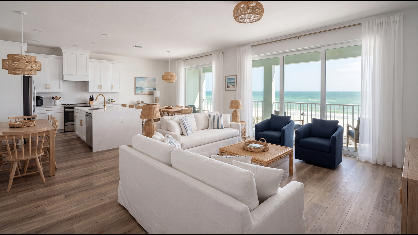 Luxury open-plan coastal living space — cream and navy palette, sliding doors to covered lanai with pool