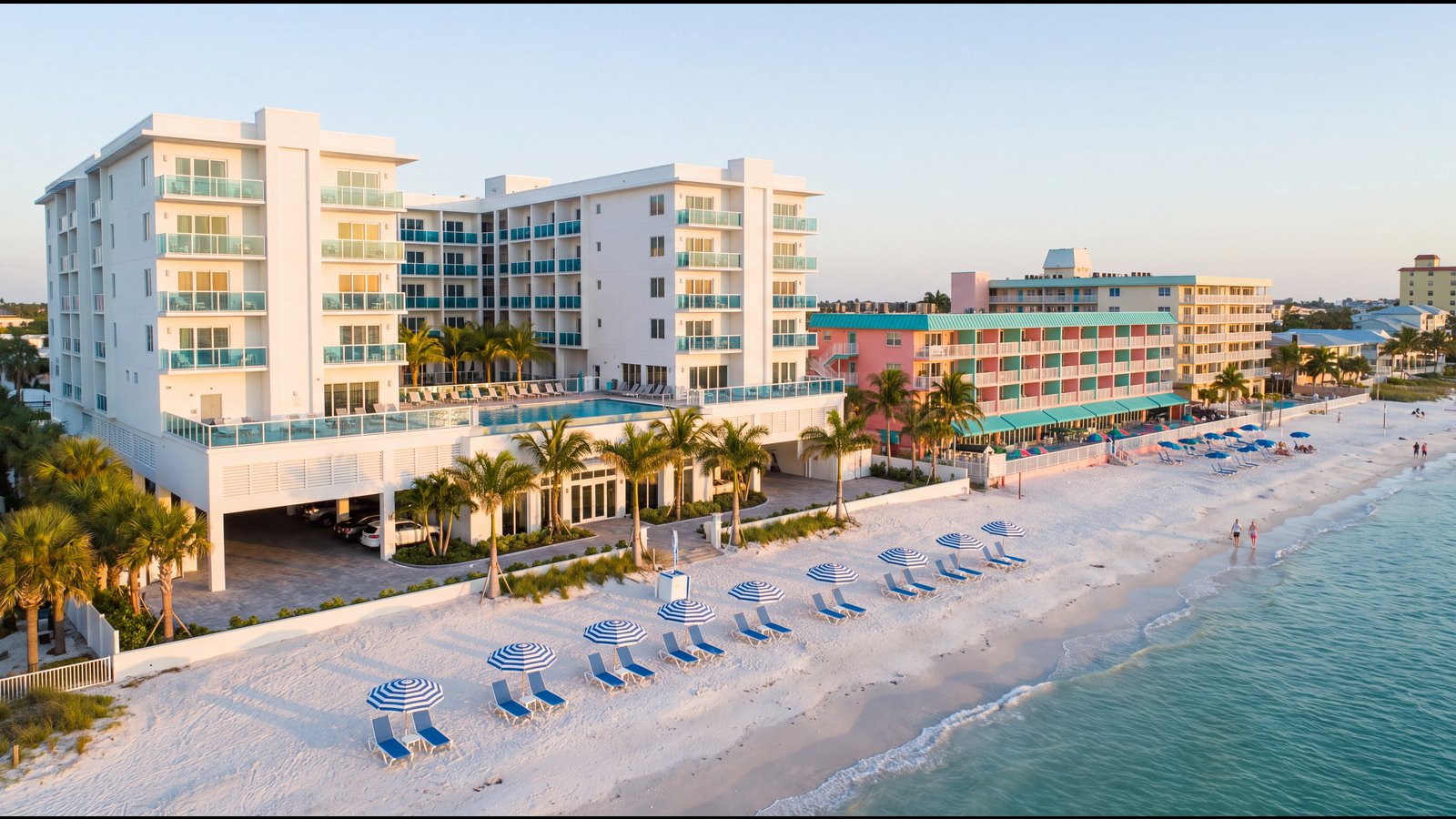 Beachfront resorts on Fort Myers Beach — modern Gulf-front hotel and classic colorful beachfront resort on powdery white sand