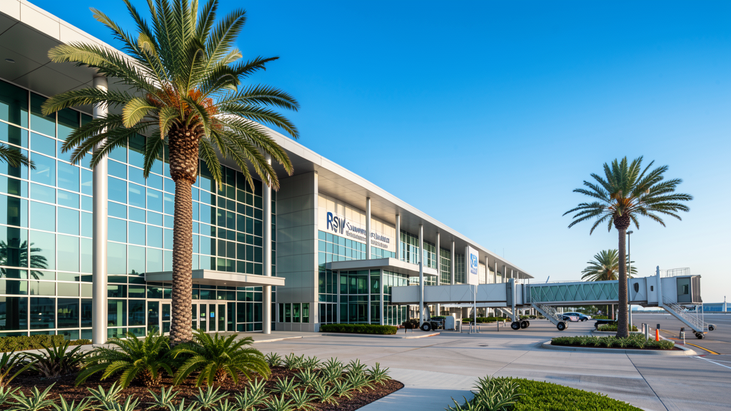 Modern airport terminal at RSW Southwest Florida International Airport — palm trees and tropical landscaping
