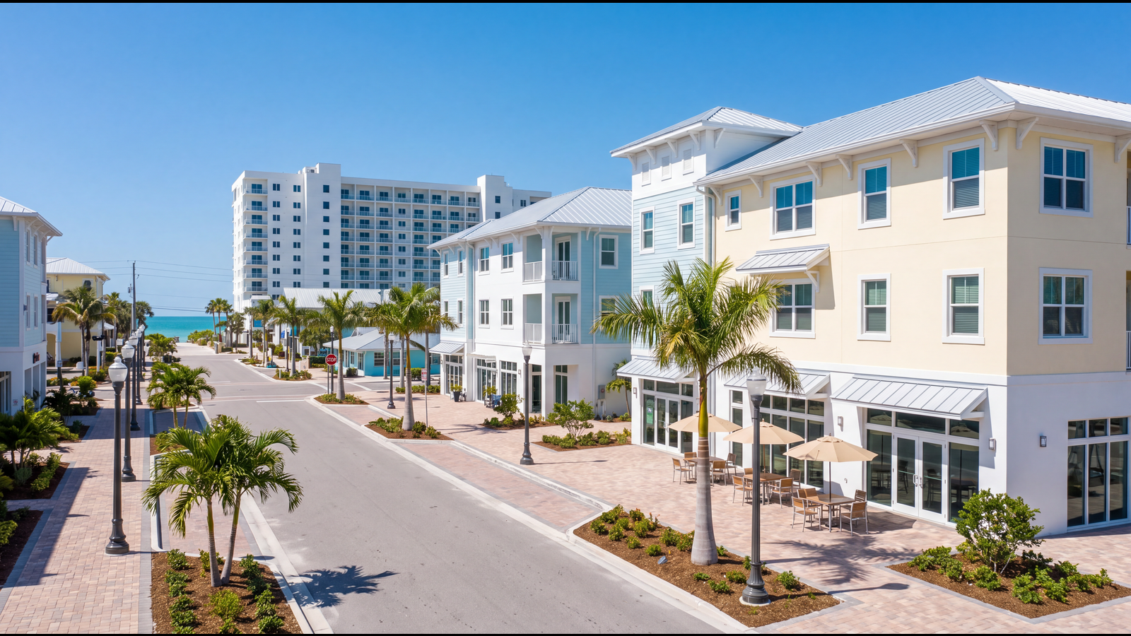 Coastal town main street at golden hour — palm-lined avenue with boutique shops and outdoor dining