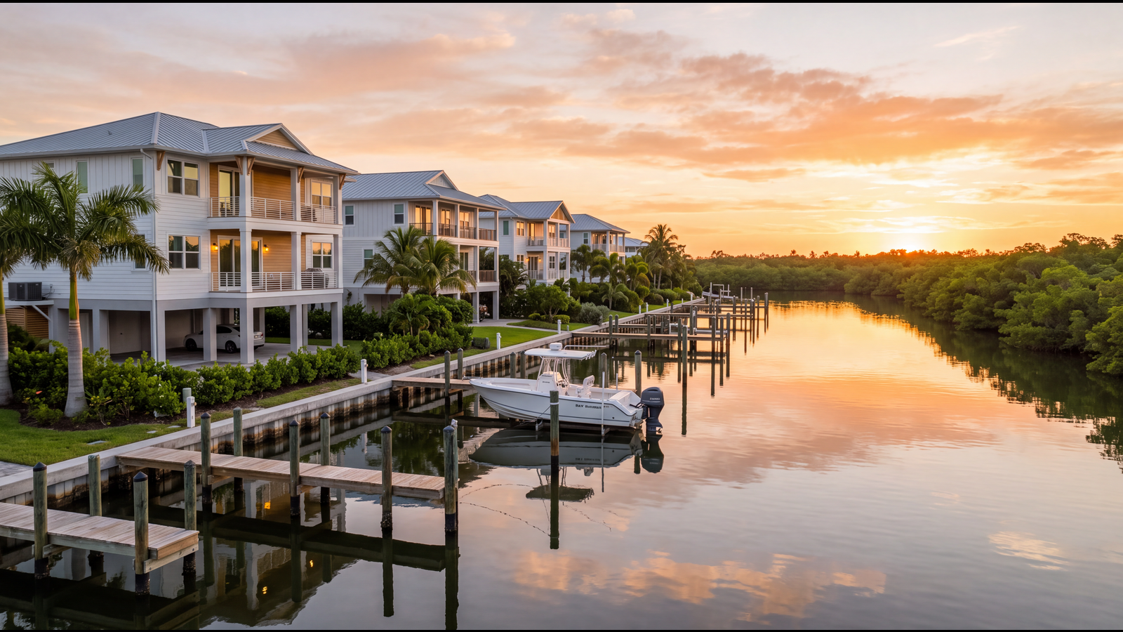 Luxury waterfront property with private dock at sunset — contemporary elevated coastal home with calm water reflections